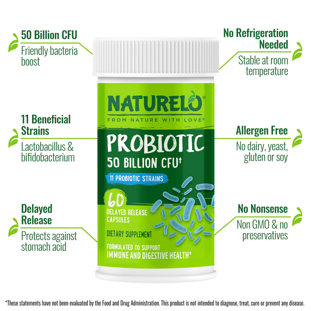 Naturelo Probiotics 11-strains graphic highlights diverse bacteria for digestive health.