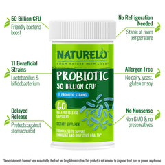 Naturelo Probiotics 11-strains graphic highlights diverse bacteria for digestive health.