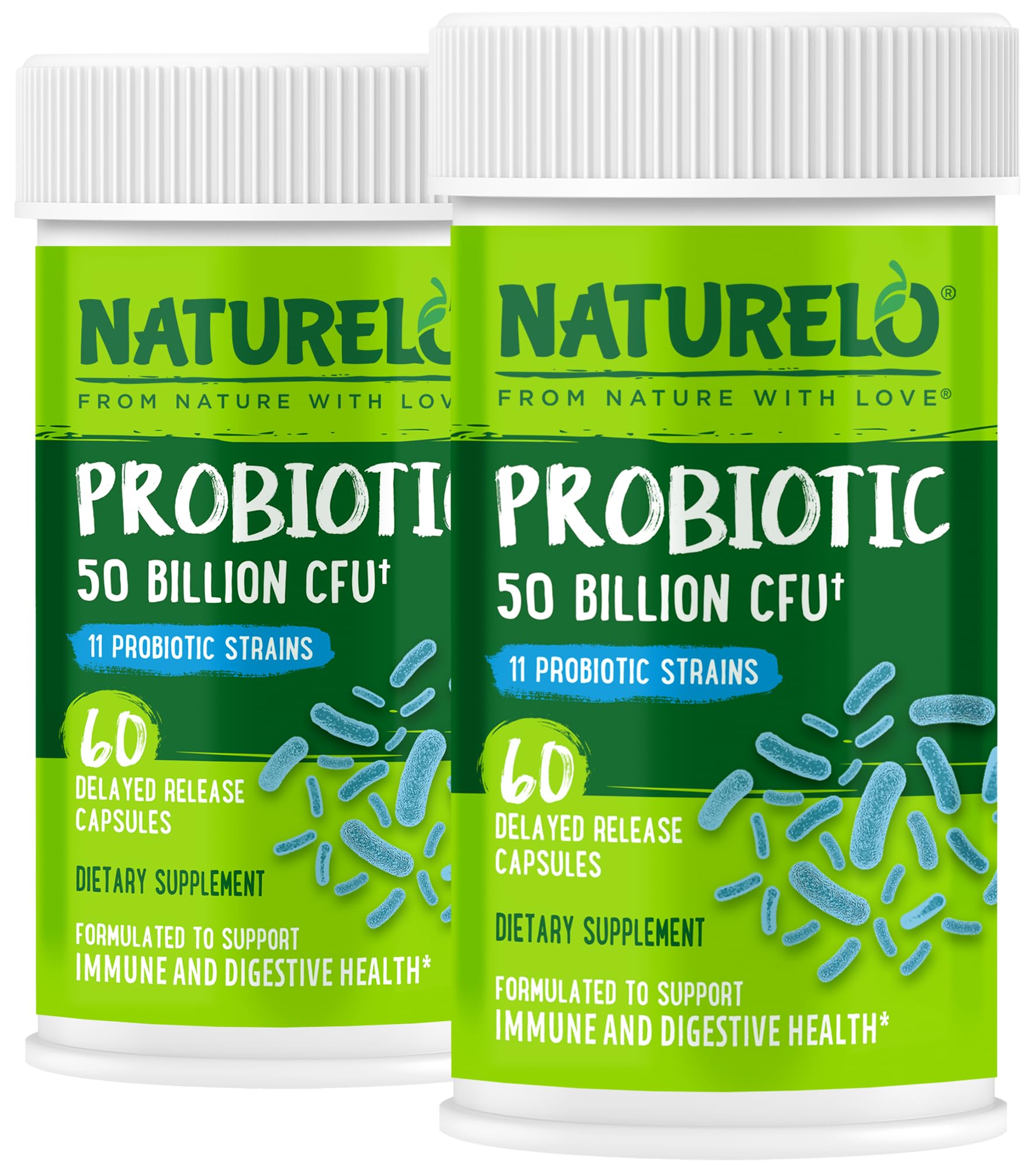 Naturelo Probiotics 50B CFU bottle demonstrates high-potency daily support for digestive balance.