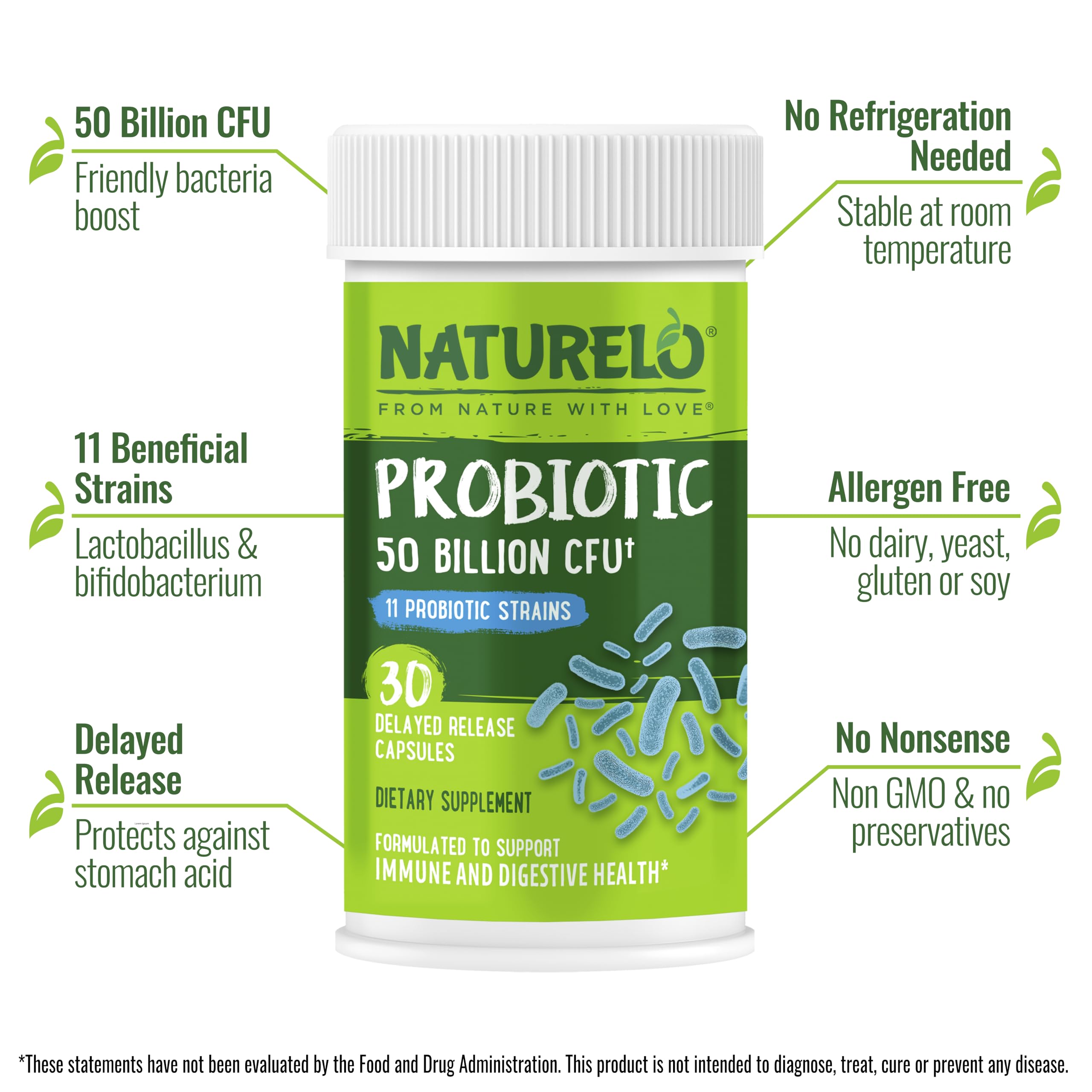Close-up of Naturelo Probiotics capsules highlighting high potency 50 billion CFU.