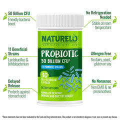 Close-up of Naturelo Probiotics capsules highlighting high potency 50 billion CFU.