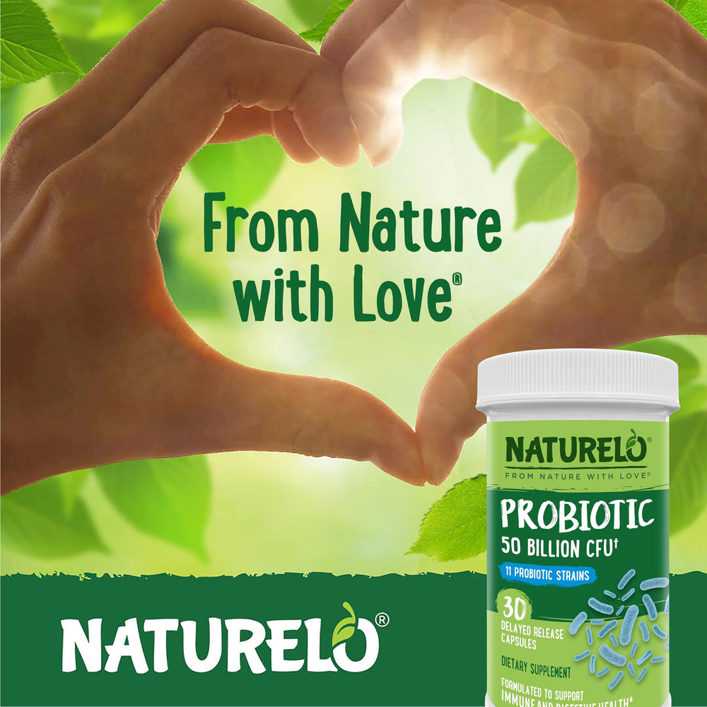 Immune support themed graphic next to Naturelo Probiotics bottle.