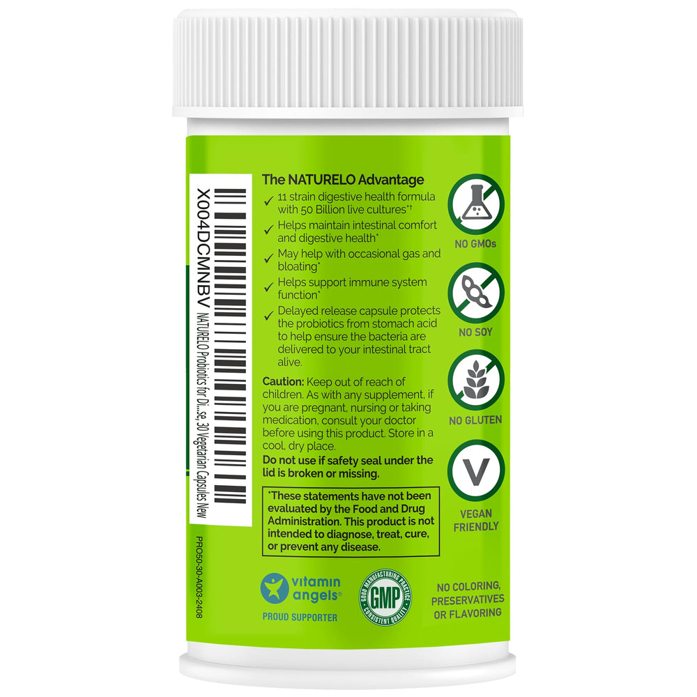 No refrigeration icon with Naturelo Probiotics packaging.