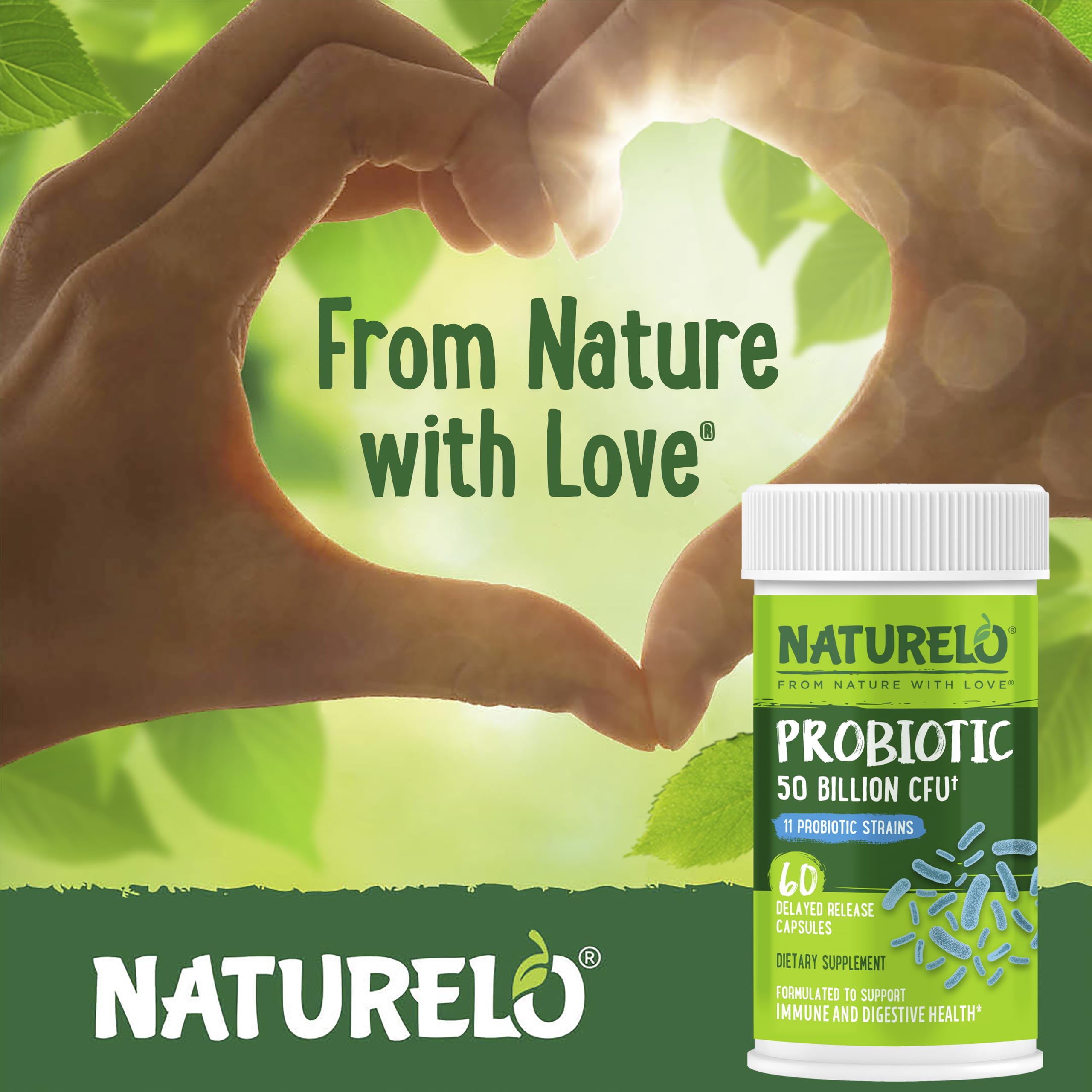 Naturelo Probiotics vegan non-GMO label conveys clean, plant-friendly formula.