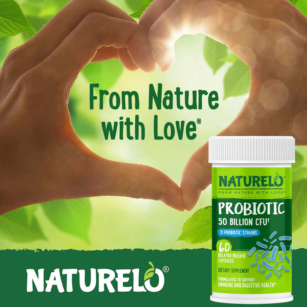 Naturelo Probiotics vegan non-GMO label conveys clean, plant-friendly formula.