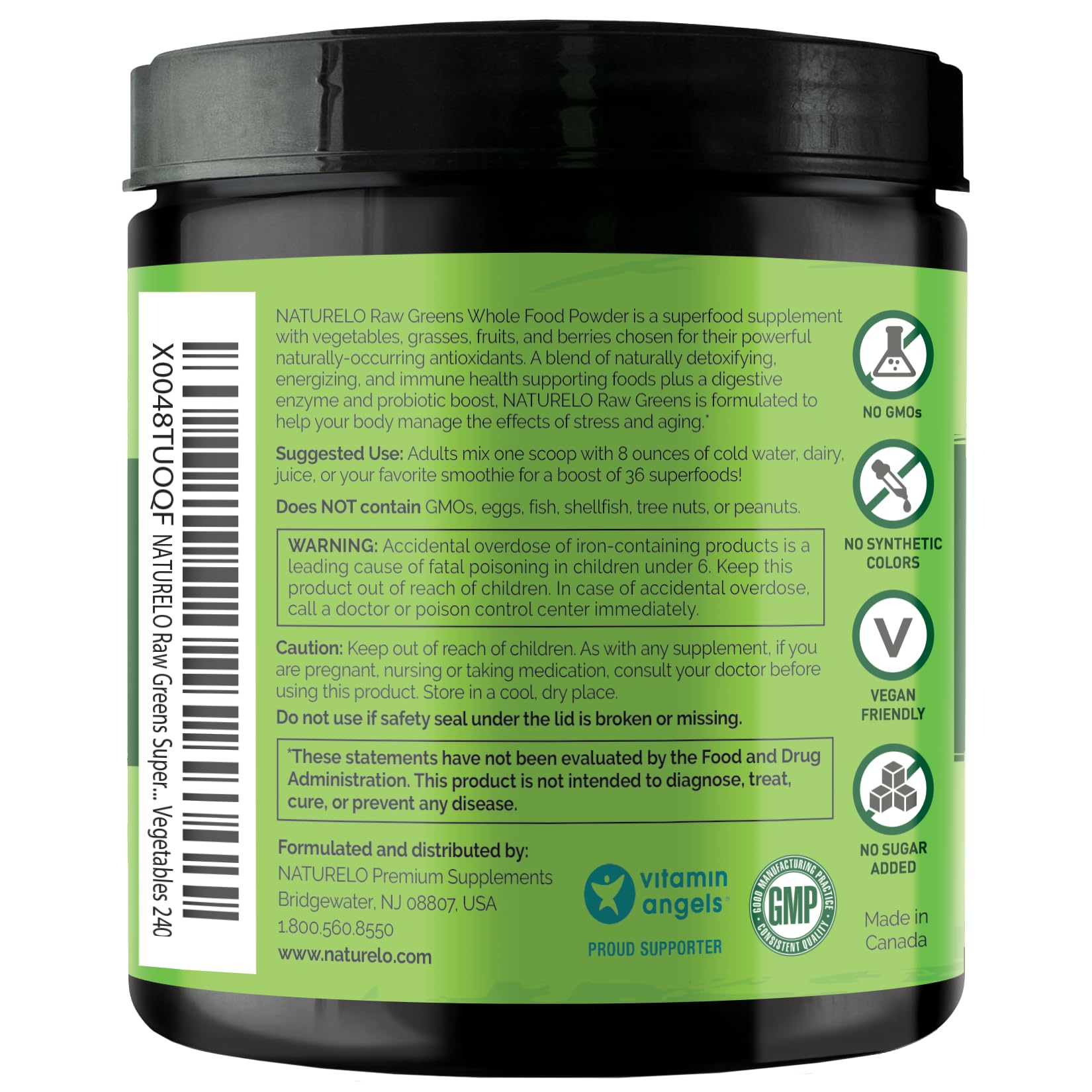 NATURELO Raw Greens digestive enzymes label highlights helpful enzymes.