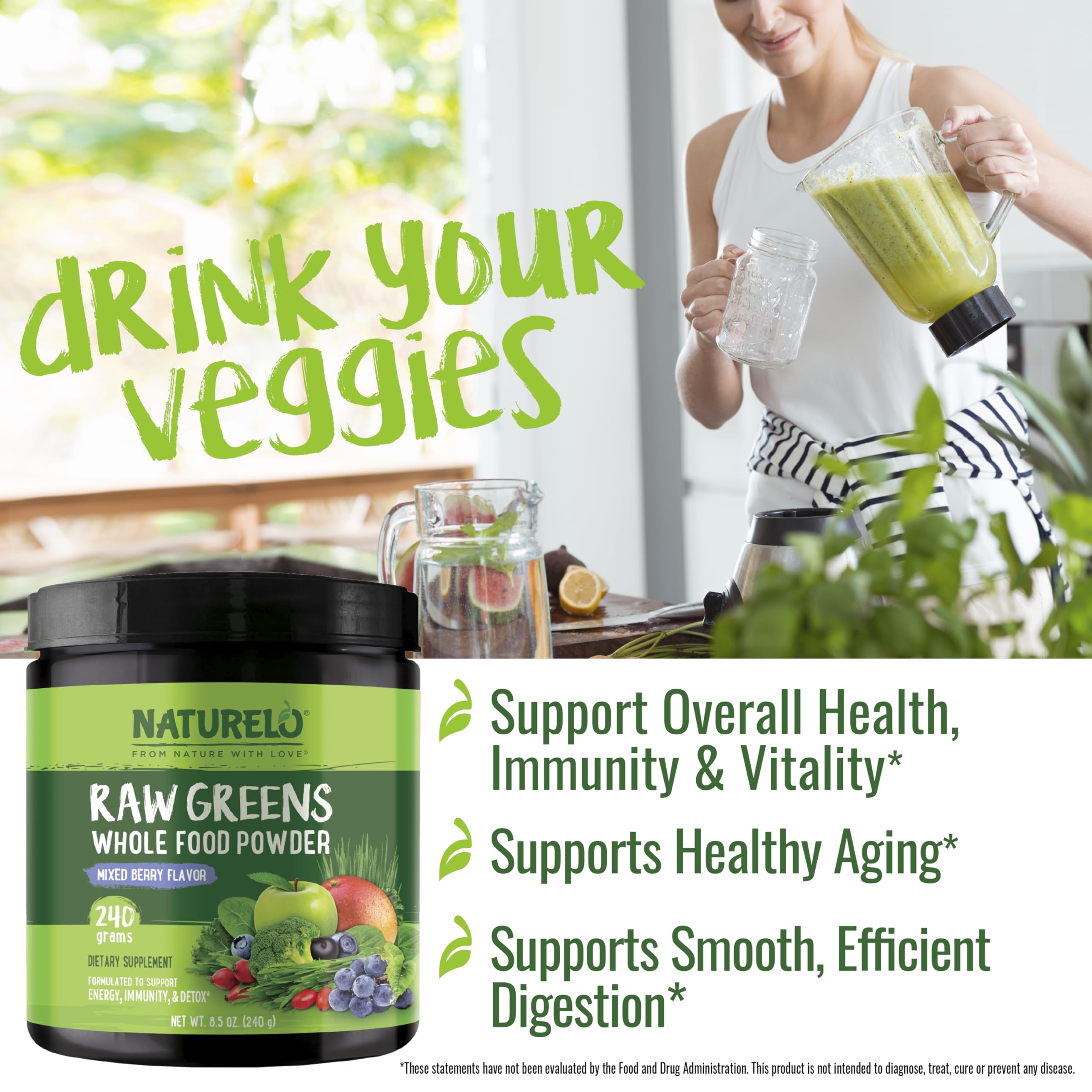 NATURELO Raw Greens fruits closeup signals natural flavor and color.
