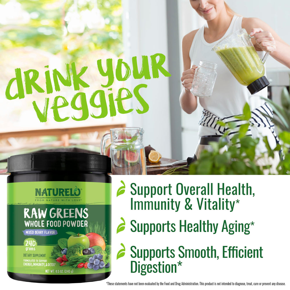 NATURELO Raw Greens fruits closeup signals natural flavor and color.