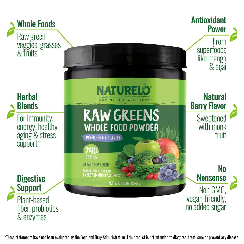 NATURELO Raw Greens Mixed Berry scoop demonstrates easy portioning.