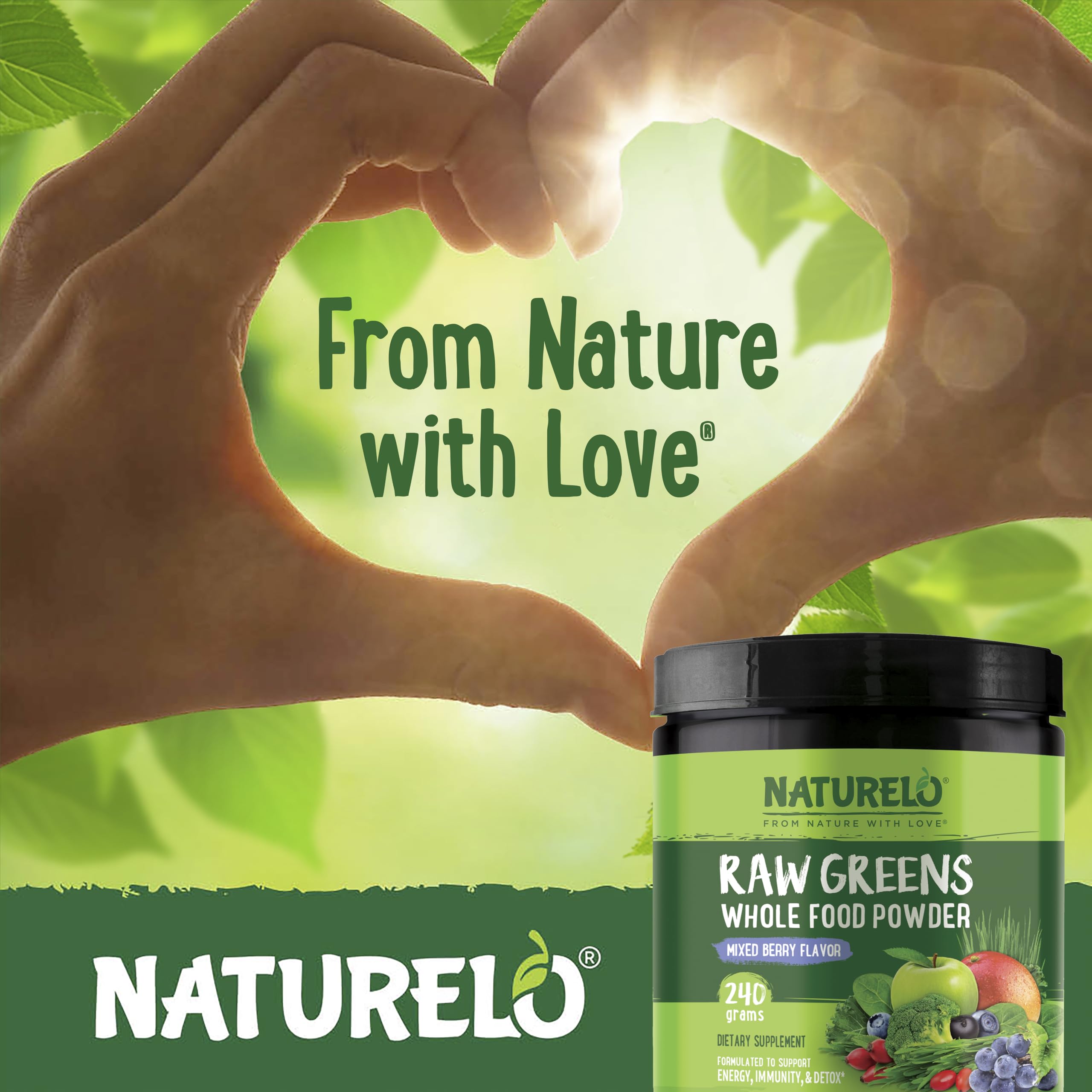NATURELO Raw Greens packaging box emphasizes clean, plant-based ingredients.