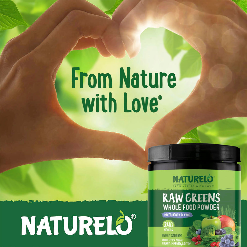 NATURELO Raw Greens packaging box emphasizes clean, plant-based ingredients.