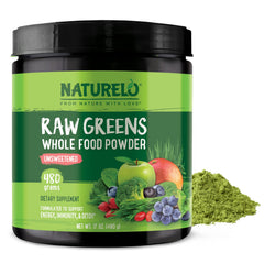 Naturelo Raw Greens Powder bottle front, unsweetened formula for daily energy.