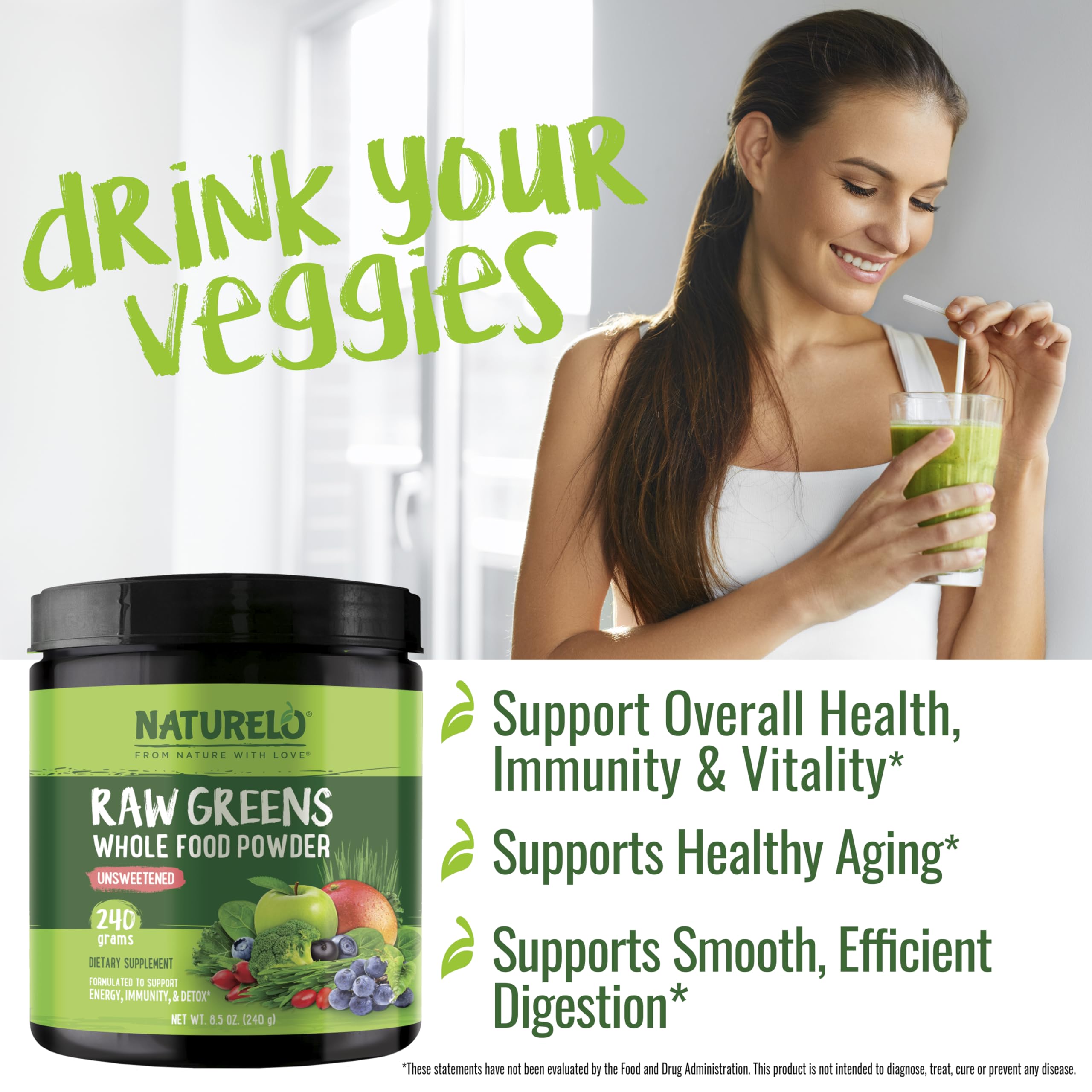 Naturelo Raw Greens ingredients displayed with fresh produce.
