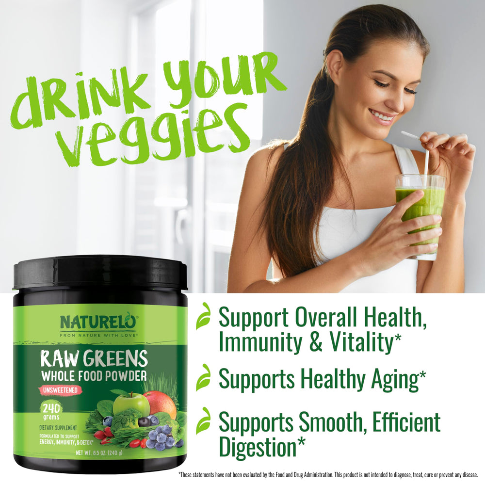 Naturelo Raw Greens ingredients displayed with fresh produce.