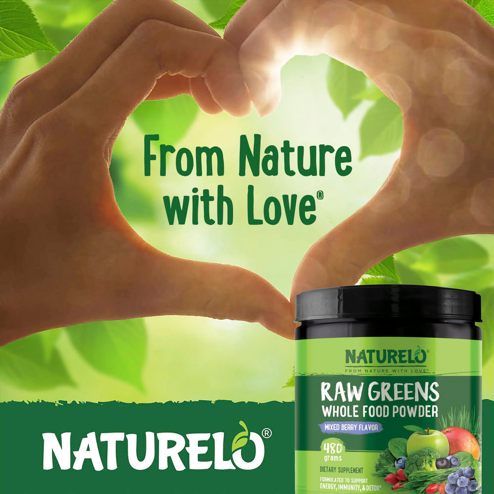 Naturelo ingredients close-up shows spirulina and other botanicals