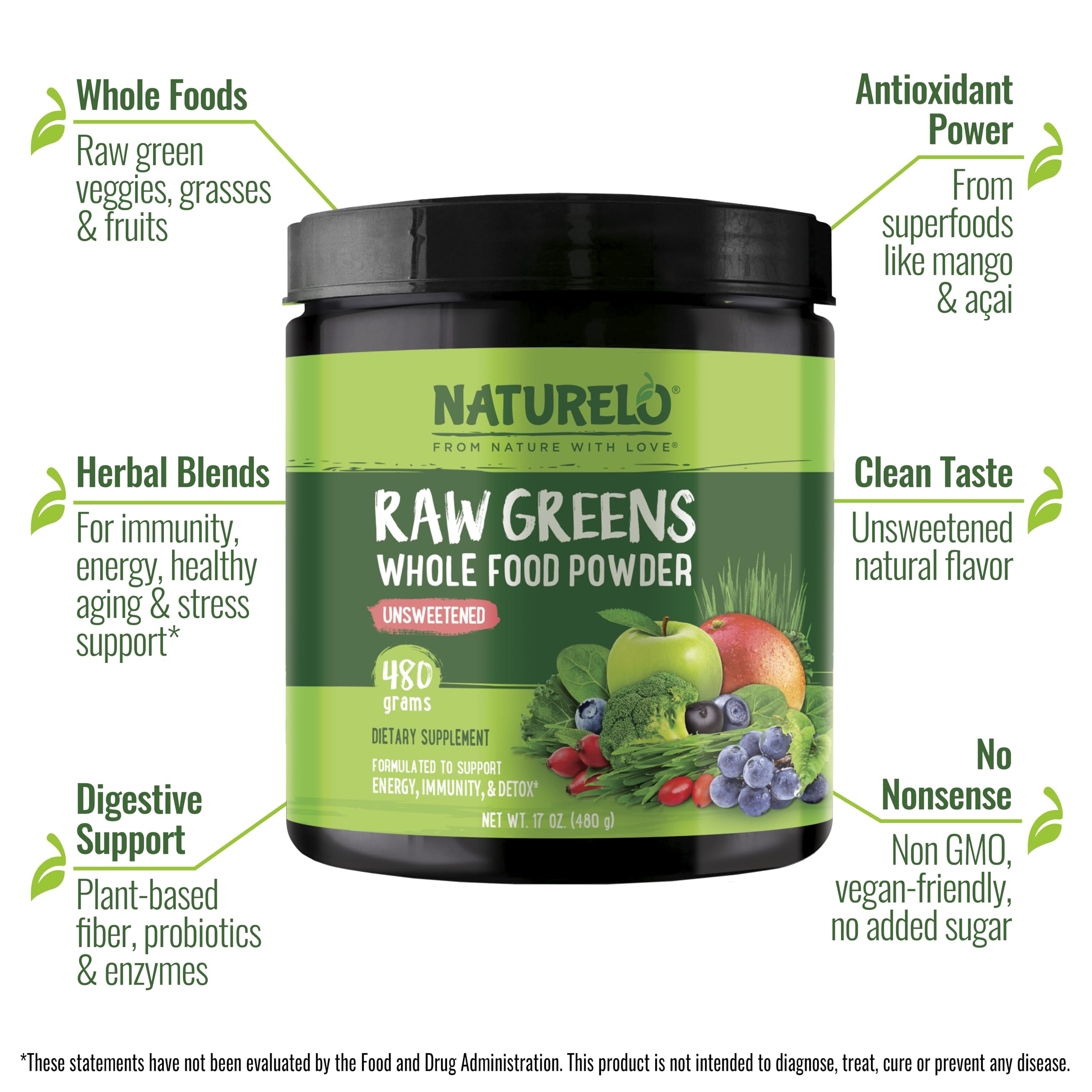Naturelo Raw Greens Powder jar with ingredients visible for plant nutrition.