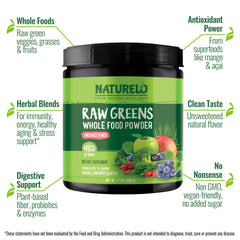Naturelo Raw Greens Powder jar with ingredients visible for plant nutrition.