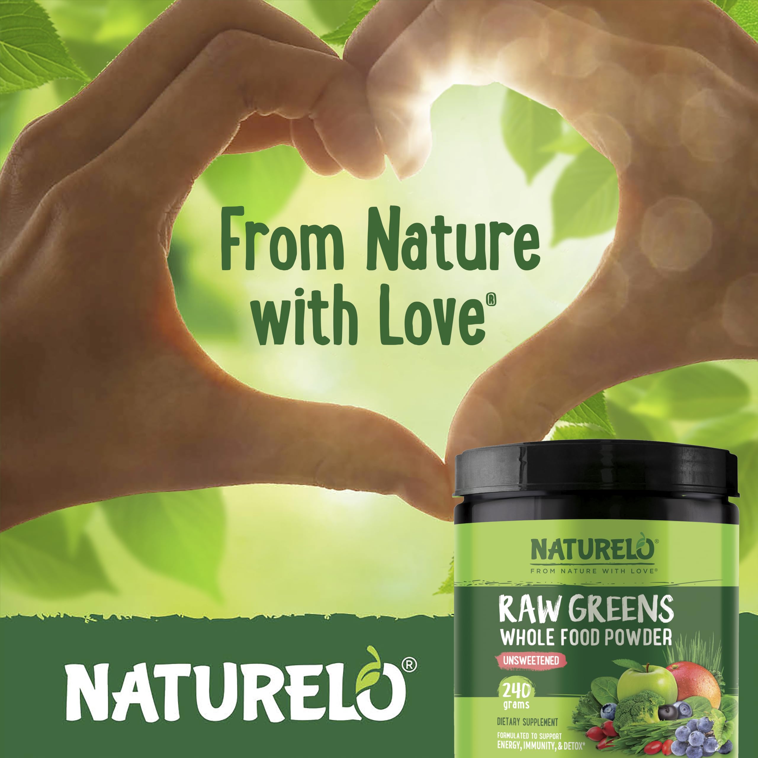 Close-up of Naturelo Raw Greens powder packaging.