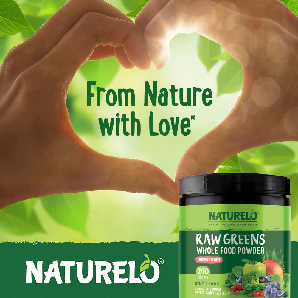 Close-up of Naturelo Raw Greens powder packaging.