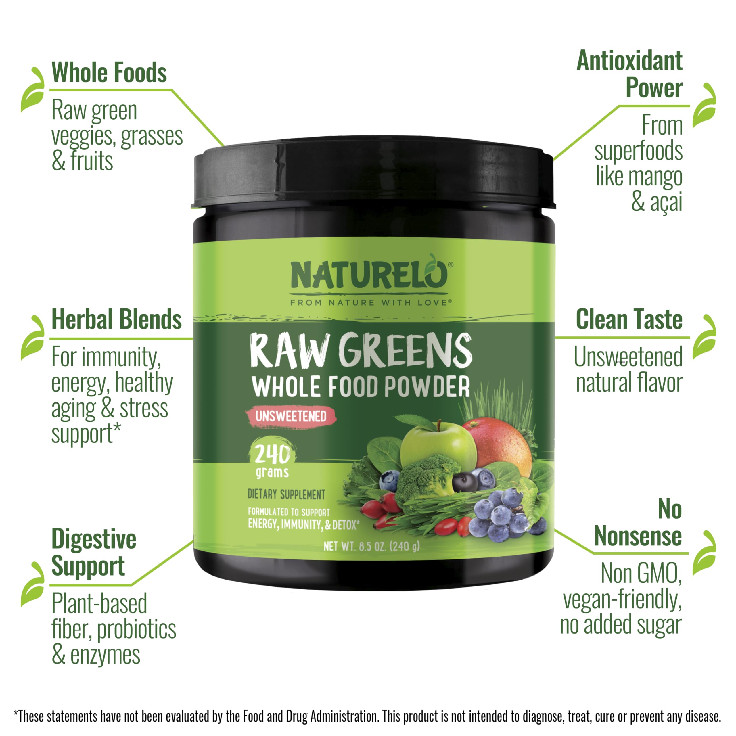 Naturelo Raw Greens powder scoop beside a smoothie for energy.