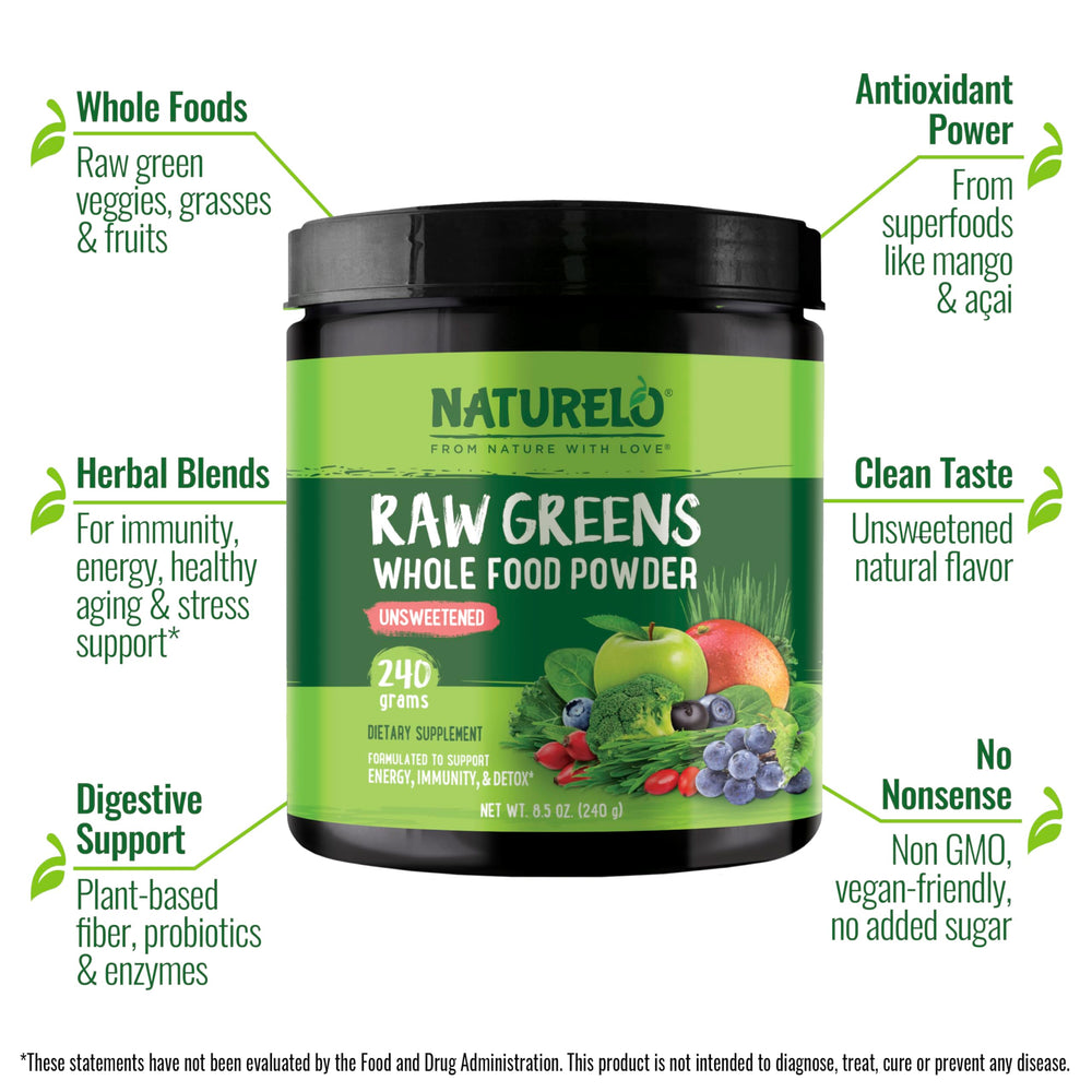 Naturelo Raw Greens powder scoop beside a smoothie for energy.