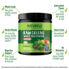 Naturelo Raw Greens powder scoop beside a smoothie for energy.
