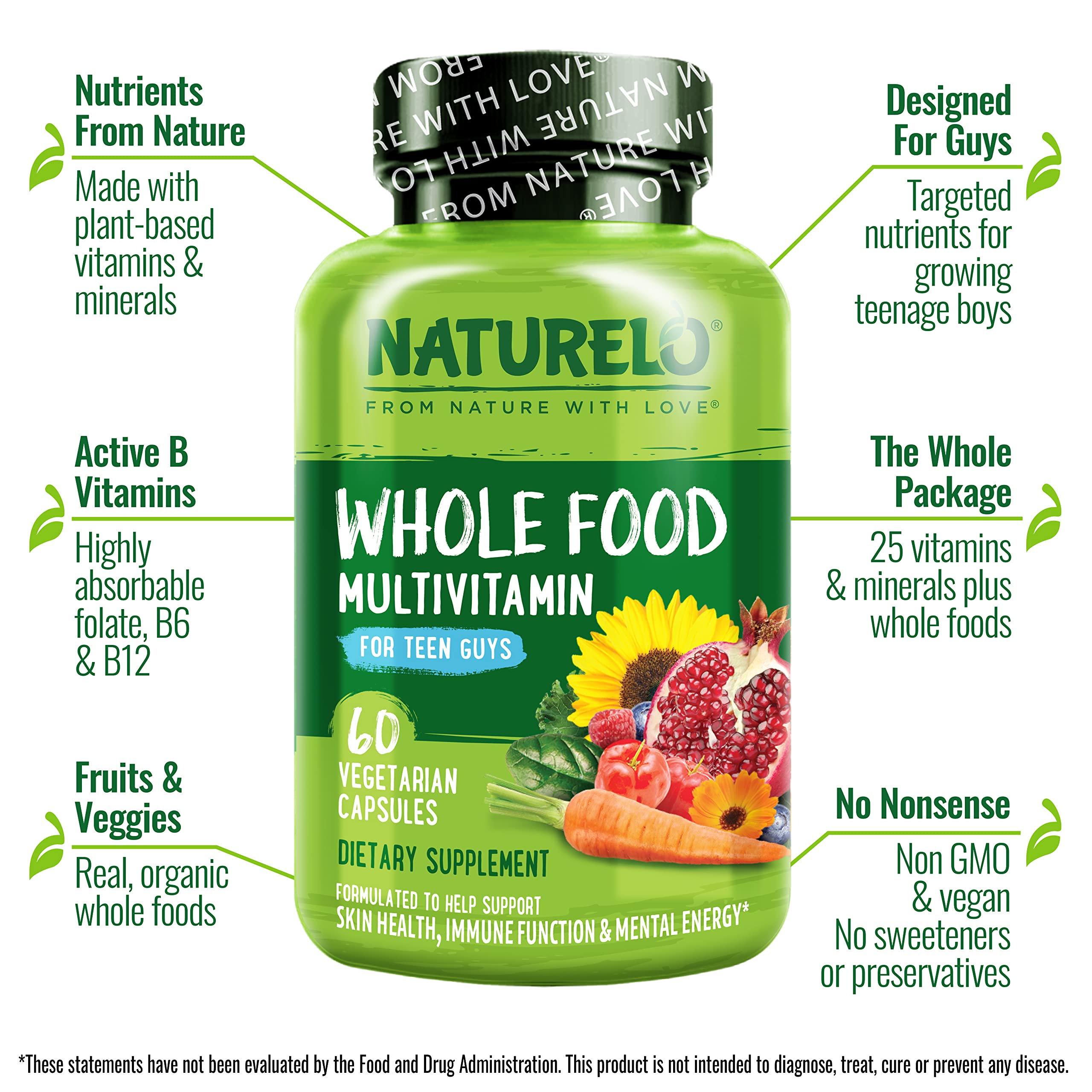 Naturelo Teen Multivitamin bottle back view shows ingredients and dosage.