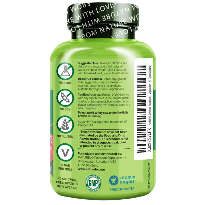 Naturelo Teen Multivitamin packaging card showcasing real fruits and vegetables.