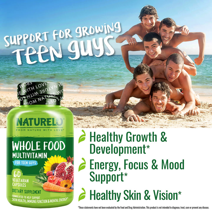 Naturelo Teen Multivitamin plant-based ingredients graphic emphasizing whole-food nutrition.