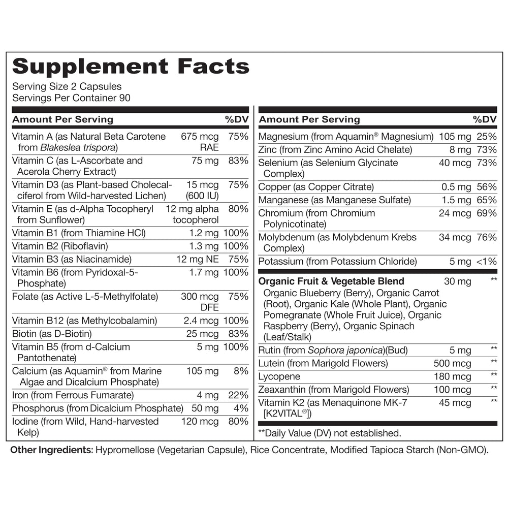 NATURELO ingredients label highlights plant-based nutrients for teen nutrition.