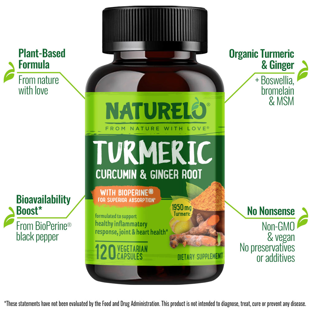 Naturelo Turmeric Curcumin label closeup shows clean plant-based ingredients.
