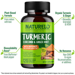 Naturelo Turmeric Curcumin label closeup shows clean plant-based ingredients.
