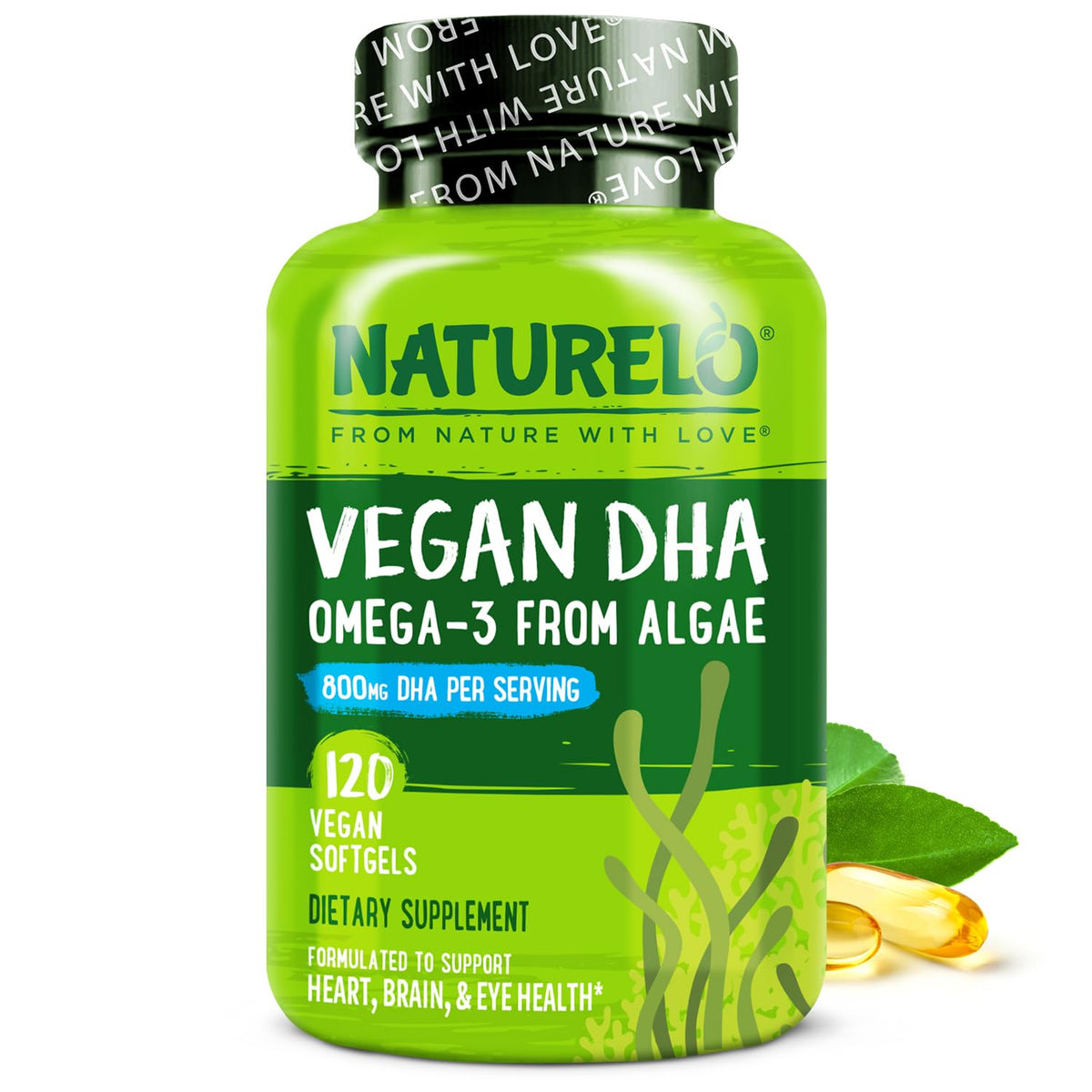 Naturelo vegan DHA softgels from algae source for brain support.