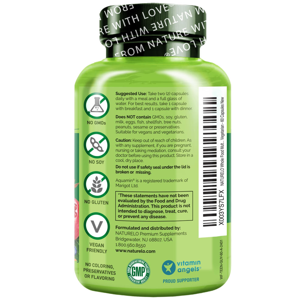 Naturelo vegan-friendly label confirms plant-based, non-GMO nutrition.