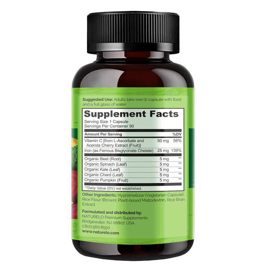 Naturelo bottle lifestyle image conveys gluten-free, non-GMO vegan iron for diverse diets