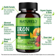 Naturelo Vegan Iron capsules closeup emphasizes chelated iron for better absorption
