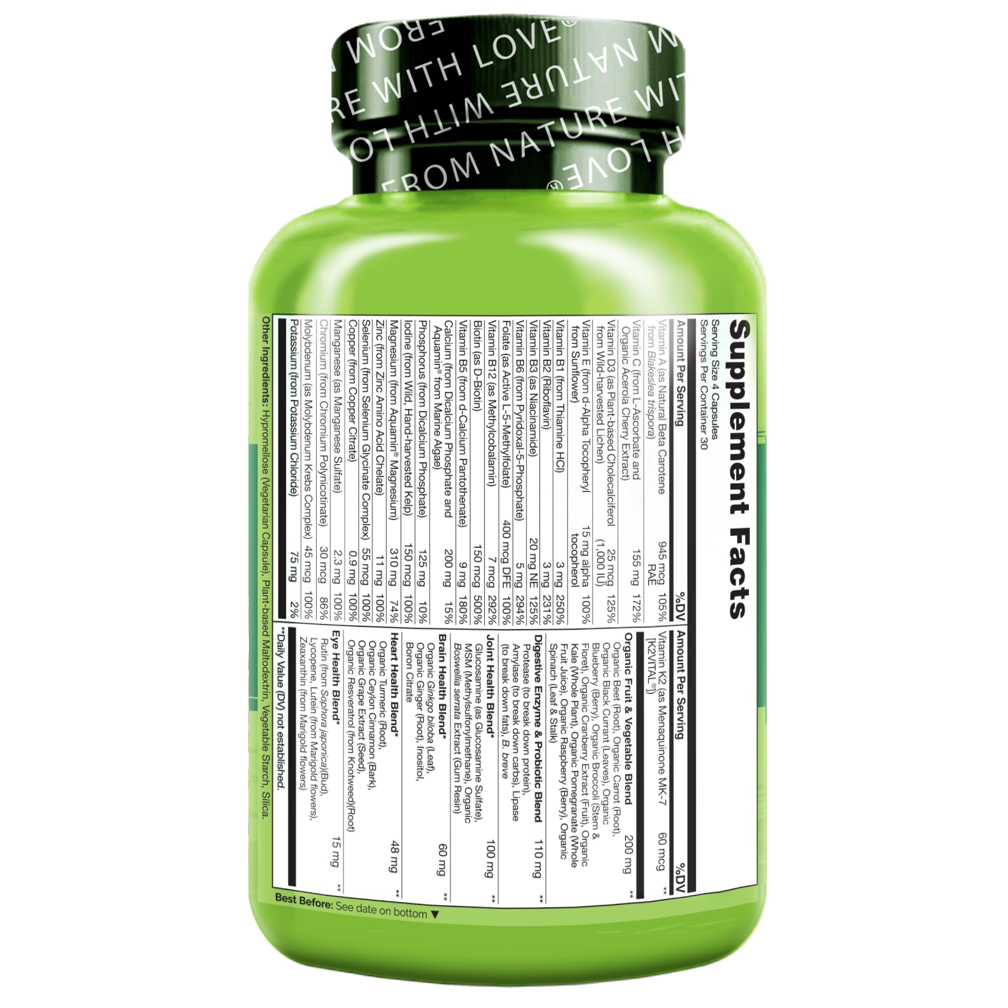 Naturelo vegan whole-food formula close-up on label promoting plant-based nutrition