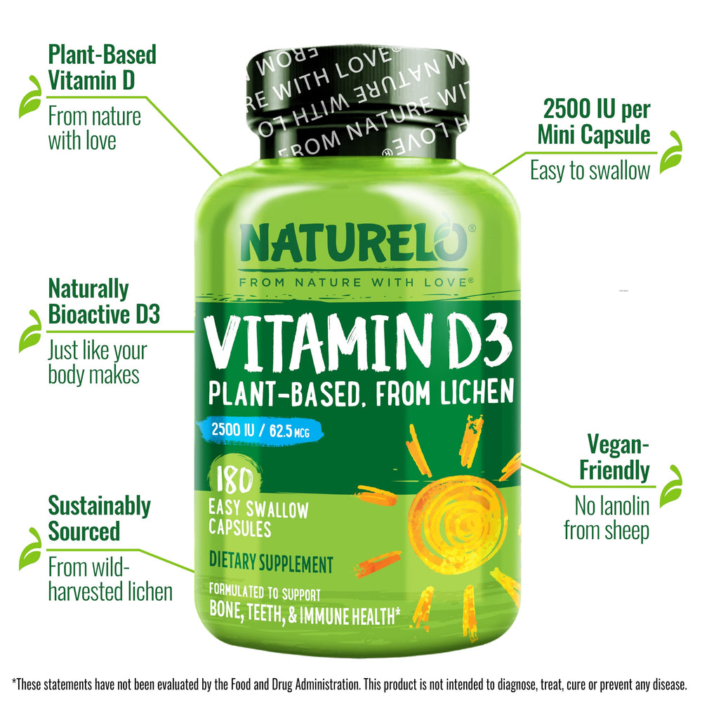 Naturelo Vitamin D3 2500 IU capsules closeup emphasizing vegan D3 source.
