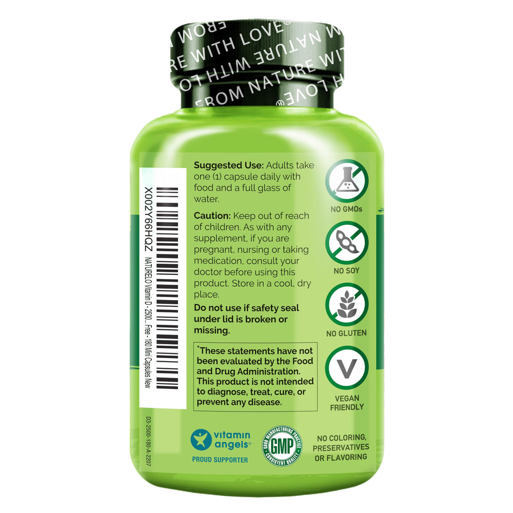 Naturelo Vitamin D3 2500 IU gluten-free label view emphasizing allergen-friendly formulation.