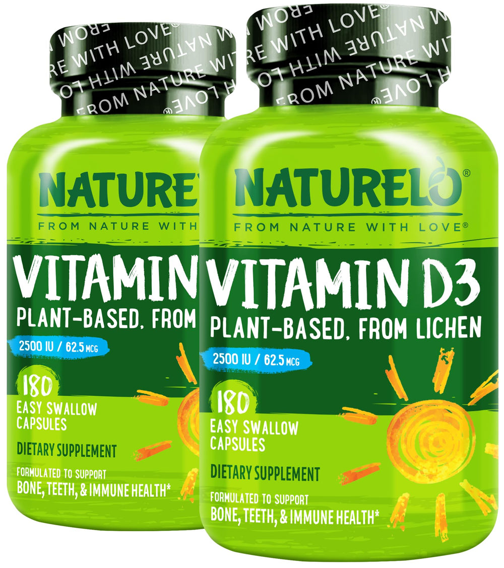 Naturelo Vitamin D3 2500 IU plant-based D3 bottle front for daily immune and bone support.