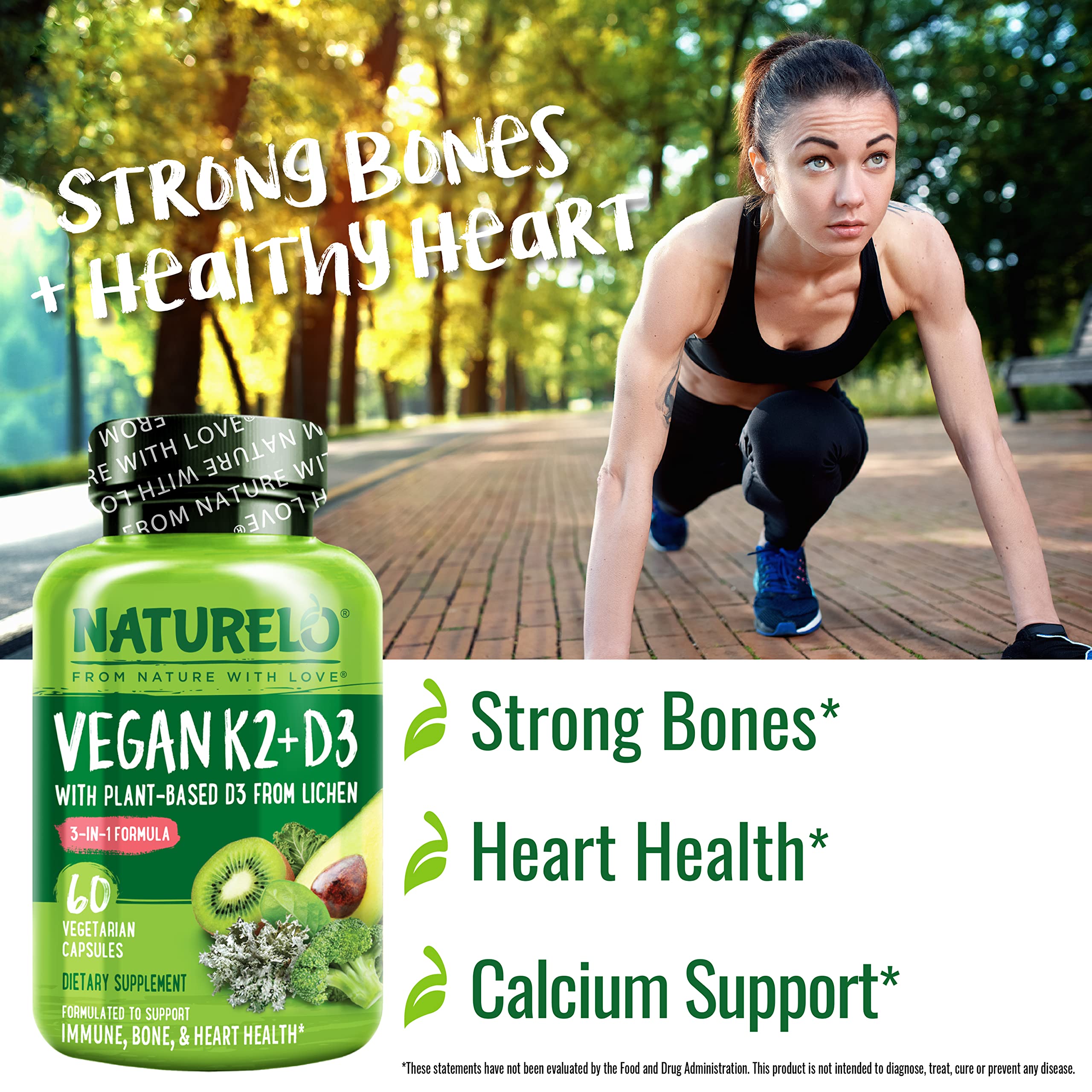 Naturelo vitamin d3 k2 vegan bottle back shows non-GMO gluten-free plant-based d3 from lichen.