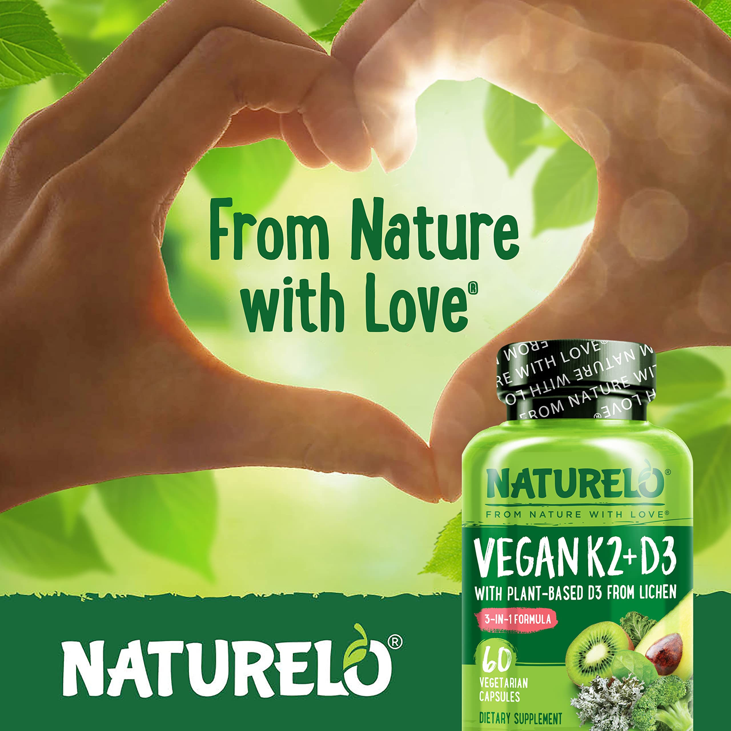 Naturelo vitamin d3 k2 vegan from lichen emphasized for ethical sustainable sourcing.