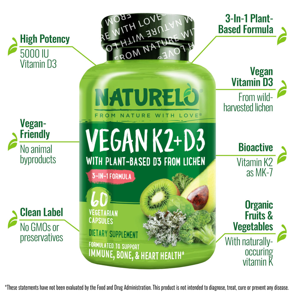 Naturelo vitamin d3 k2 label close-up confirms vegan d3 from lichen and mk-7 k2.