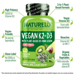 Naturelo vitamin d3 k2 label close-up confirms vegan d3 from lichen and mk-7 k2.