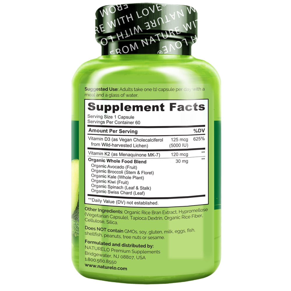 Naturelo vitamin d3 k2 non-GMO gluten-free claims reinforce transparency and trust.