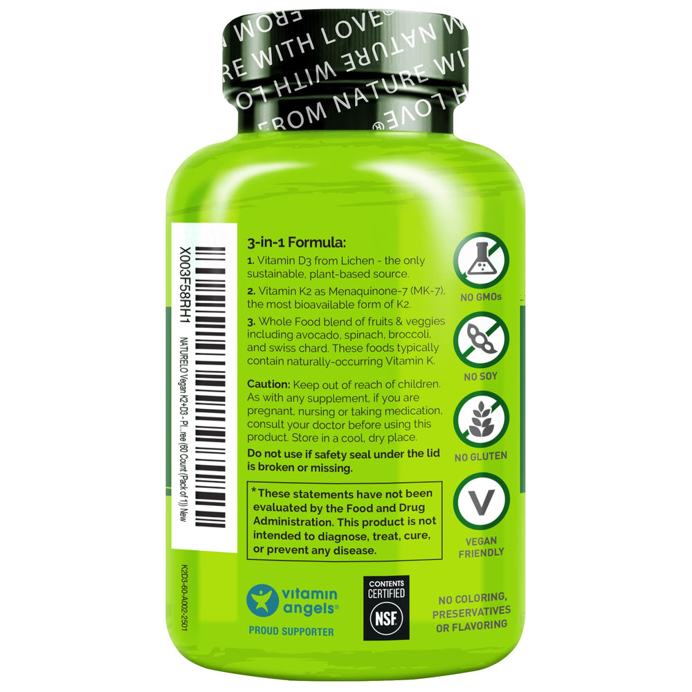 Naturelo vitamin d3 k2 capsules offer convenient daily support for bones and heart health.