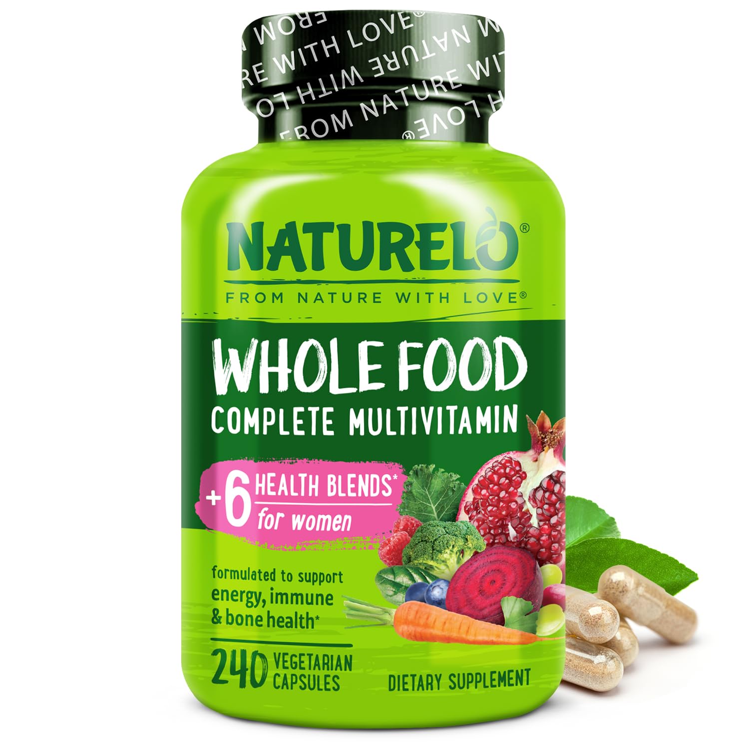 Naturelo Whole Food Multivitamin for Women bottle with capsules for daily energy and wellness
