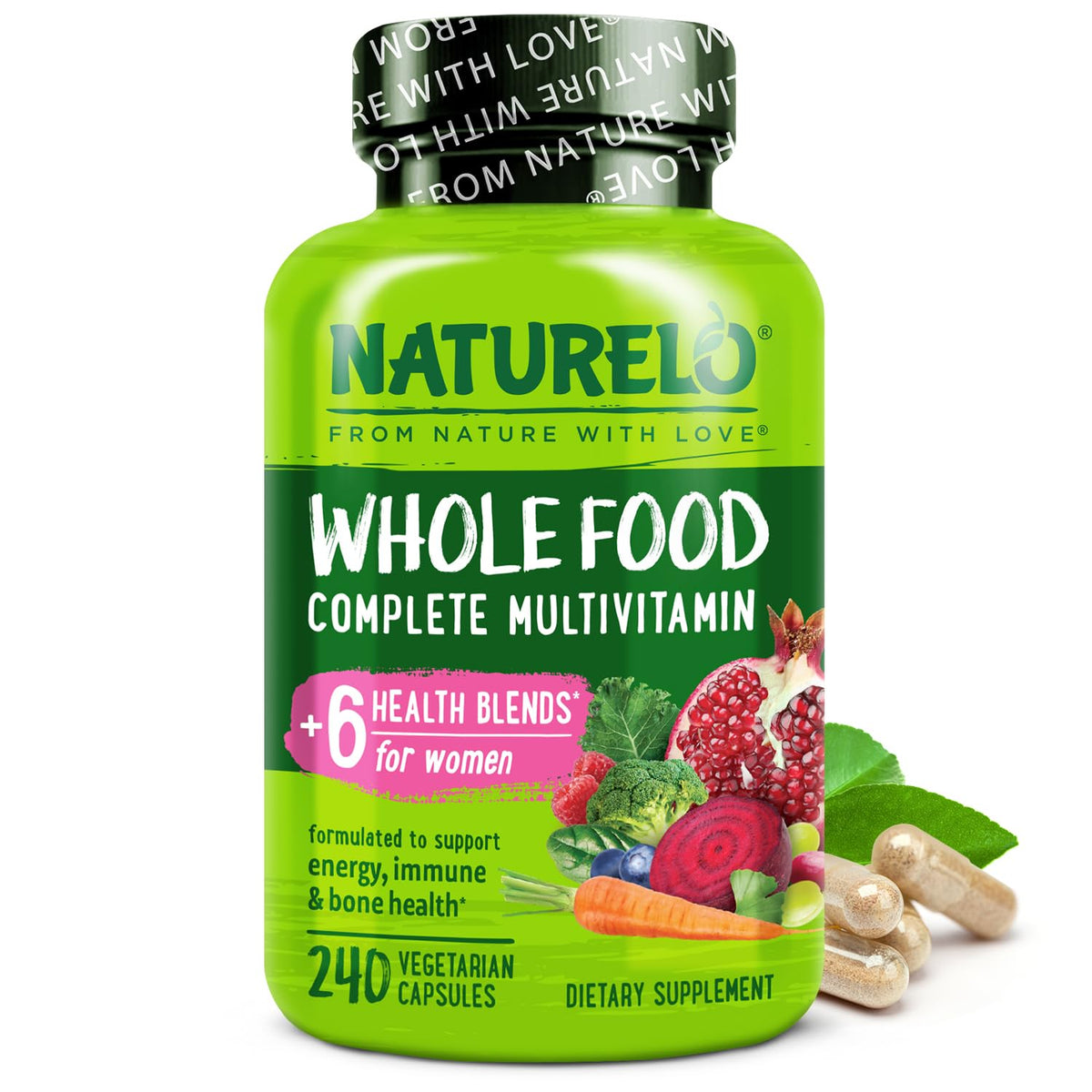 Naturelo Whole Food Multivitamin for Women bottle with capsules for daily energy and wellness