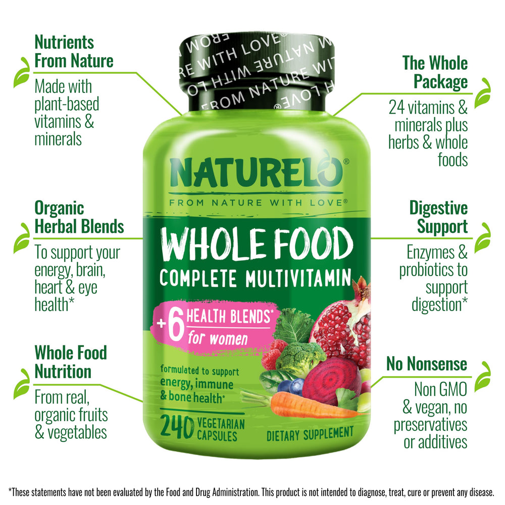 Naturelo Whole Food Multivitamin for Women capsules close-up highlighting plant-based ingredients for absorption