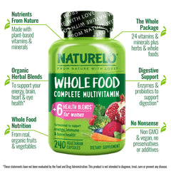 Naturelo Whole Food Multivitamin for Women capsules close-up highlighting plant-based ingredients for absorption